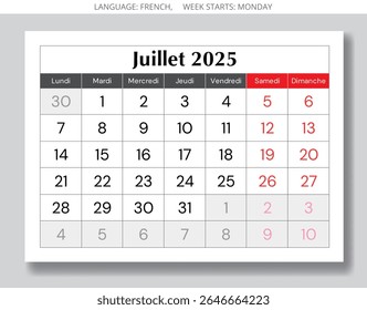 French calendar for july 2025. Vector illustration of a month page for France - juillet