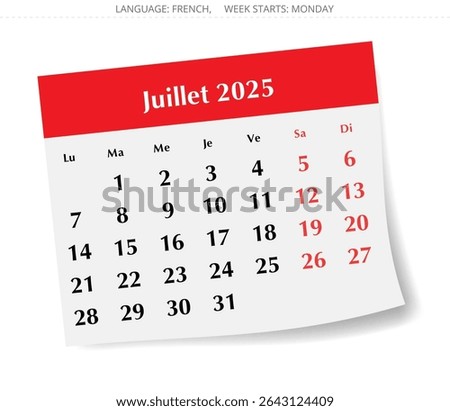 French calendar for july 2025. Vector illustration of a month paper page for France - juillet calendrier