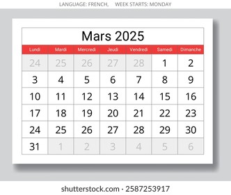 French calendar for march 2025. Vector illustration of a winter month page for France - mars calendrier