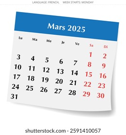 French calendar for march 2025. Vector illustration of a winter month paper page for France - mars calendrier