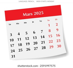 French calendar for march 2025. Vector illustration of a spring month paper page for France - mars calendrier