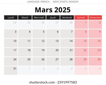 French calendar for march 2025. Vector illustration of a spring month for France - mars calendrier