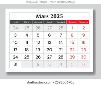 French calendar for march 2025. Vector illustration of a spring month page for France - mars calendrier