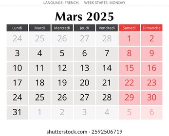 French calendar for march 2025. Vector illustration of spring month for France - mars calendrier