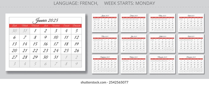 Páginas do calendário francês para 2025. Ilustrações vetoriais em forma de páginas de papel para cada mês na França - calendário