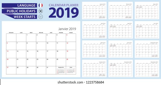 French calendar planner for 2019. French language, week starts from Sunday. Vector template.