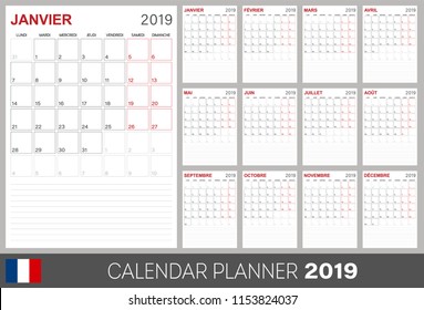 French calendar planner 2019, week starts on Monday, set of 12 months January - December, calendar template size A4, simple design on white background, set desk calendar template, vector illustration