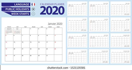 French calendar planner for 2020. French language, week starts from Sunday. Vector template.