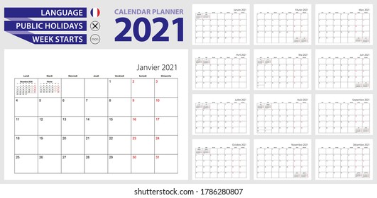 French calendar planner for 2021. French language, week starts from Monday. Vector calendar template for France, Canada, Belgium, Cameroon and other.