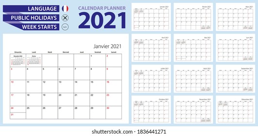 französischer Kalender-Planer für 2021. Französisch Sprache, die Woche beginnt am Sonntag. Vektorvorlage.