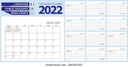 French calendar planner for 2022. French language, week starts from Sunday. Vector template.