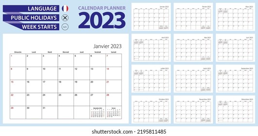 French calendar planner for 2023. French language, week starts from Sunday. Vector template.