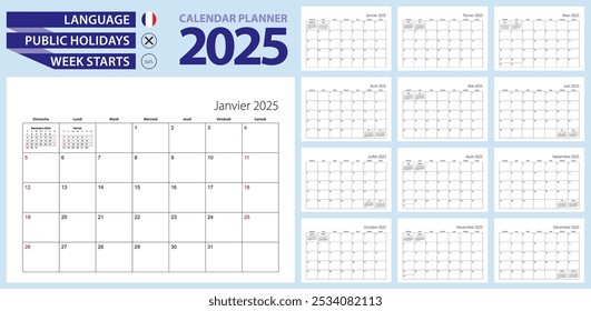 French calendar planner for 2025. French language, week starts from Sunday. Vector template.