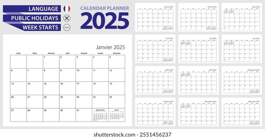 French calendar planner for 2025. French language, week starts from Monday. Vector calendar template for France, Canada, Belgium, Cameroon and other.