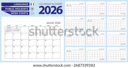 French calendar planner for 2026. French language, week starts from Sunday. Vector template.