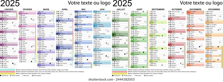 French calendar template 2025 with saints, holidays and school holidays for printing