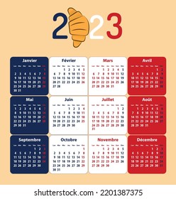 French calendar for whole 2023 with croissant and national flag colors of France. Vector illustration 