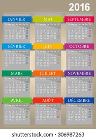 French calendar for year 2016, week starts on Monday, vector illustration