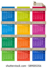 French calendar for year 2018, week starts on Monday, colorful calendar on white background