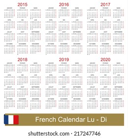 French calendar for years 2015-2020, week starts on Monday