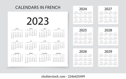 French Calendars for 2023, 2024, 2025, 2026, 2027, 2028, 2029 years. Week starts Monday. France calender template. Scheduler layout with 12 month. Yearly organizer in simple design Vector illustration svg