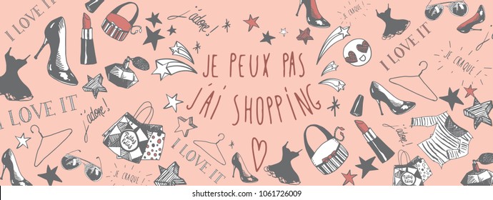 French I cant I have to go shopping doodles background