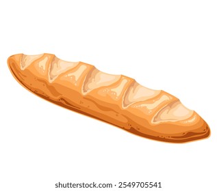 French cartoon baguette with golden crispy crust. Baked fresh loaf of bakery in France, crisp breakfast bread for sandwich. French cuisine mascot, cartoon gourmet long baguette vector illustration