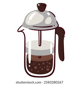 French cartoon press for brewing coffee. Funny glass pot brewer with cap and handle, filter. Coffeemaker, barista equipment mascot, cartoon breakfast coffee preparation process vector illustration