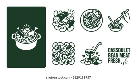 French Cassoulet Bean and Meat Icon Set in Dark Forest Green. Minimal Vector Clipart Collection featuring Stew Pot, Plating, Texture, and Bold Typography on White Background.