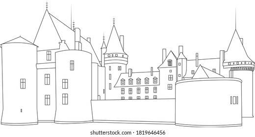 French castles of different time periods. Vector image of an castle on a white background with black lines.