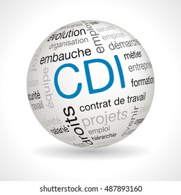 French CDI  sphere with keywords : cdi, employment contract, evolution, organization, hiring, employment, hierarchy, rights, safety, job, balance, project, future, business, company, employer,training