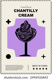 French chantilly cream. Price tag or poster design. Set of vector illustrations. Typography. Engraving style. Labels, cover, t-shirt print, painting.	