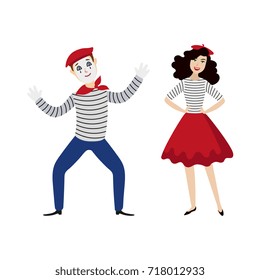 French characters, funny mime and fashion girl, symbols of France, cartoon vector illustration isolated on white background. Typical, stereotypical French people, mime and elegant girl in red beret