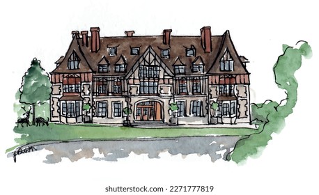 French Chateau, deer park, Country estate, timbered house. Watercolor sketch illustration. Isolated vector.