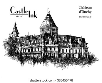 French chateau vector Castle Ink in old-fashioned style Switzerland