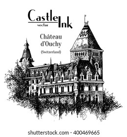 French chateau vector Castle Ink front of view in old-fashioned style Switzerland