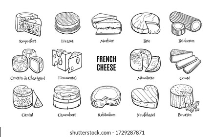 French cheese doodle set with names. Hand drawn sketch of traditional product. Outline illustration for menu and recipes.