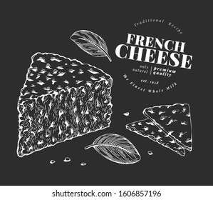 French cheese illustration. Hand drawn vector blue cheese illustration on chalk board. Engraved style gorgonzola. Retro roquefort cheese illustration.