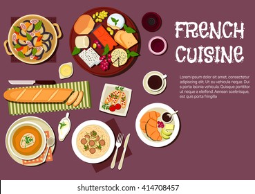 French cheese plate served with grapes and herbs icon, supplemented by baguette, tomato toasts, fig salad, onion soup with cheesy crouton, pasta, topped with truffles, croissants with cup of coffee