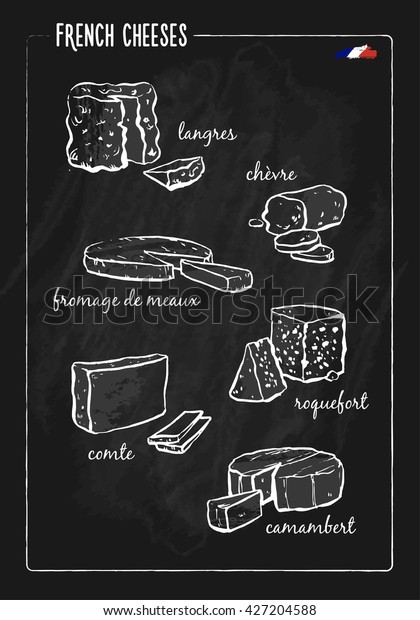 黒板の上のフランスのチーズコレクション ラングル ゴートチーズ