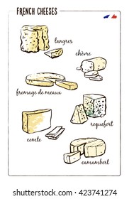 French cheeses collection on white background. Langres, fromage de meaux, comte, roquefort, camembert. Can be used as a restaurant menu illustration, streetline, flyer, table tent, placemat.