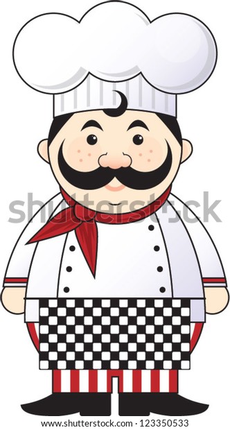 French Chef | Cute fat or chubby cartoon chef\
vector in a chef hat with red bandana around his neck, mustache,\
black and white checkered apron, chef\'s coat and red and white\
striped pants.
