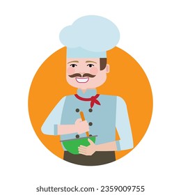 French chef in uniform and cap. Cook stirring sauce in wide bowl. Multicolored flat vector circle icon representing man activities and professions concept isolated on white background