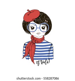 french chic cartoon girl portrait , kid illustration