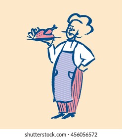  french chief sketch vector illustration on pastel color. man with ready chicken dish