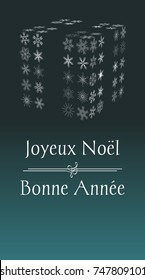 french Christmas greeting card with text Merry Christmas and Happy New year, vertical France holiday illustration with green background and with abstract gift from snowflakes