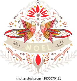 French Christmas. Happy holidays Noel greeting card.Noël. Christmas card with birds and ornament in traditional colors. 