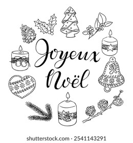 O esboço do Natal francês faz doodle card com letras caligráficas Joyeux Noel. Botânica de inverno, biscoitos, árvores de Natal e velas isoladas sobre fundo branco. Decoração de Natal para colorir páginas