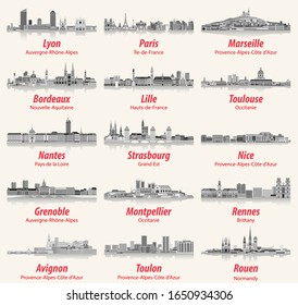 French cities skylines in black and white color palette. Vector set