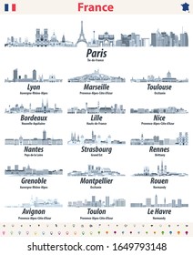 French cities skylines in soft blue color palette. Vector set